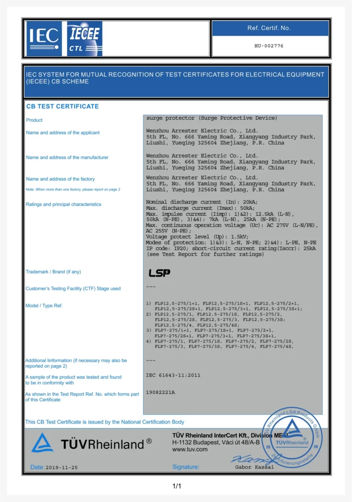 CB Certificate AC Surge Protective Device SPD Type 1 Type 2 FLP12,5-275 FLP7-275