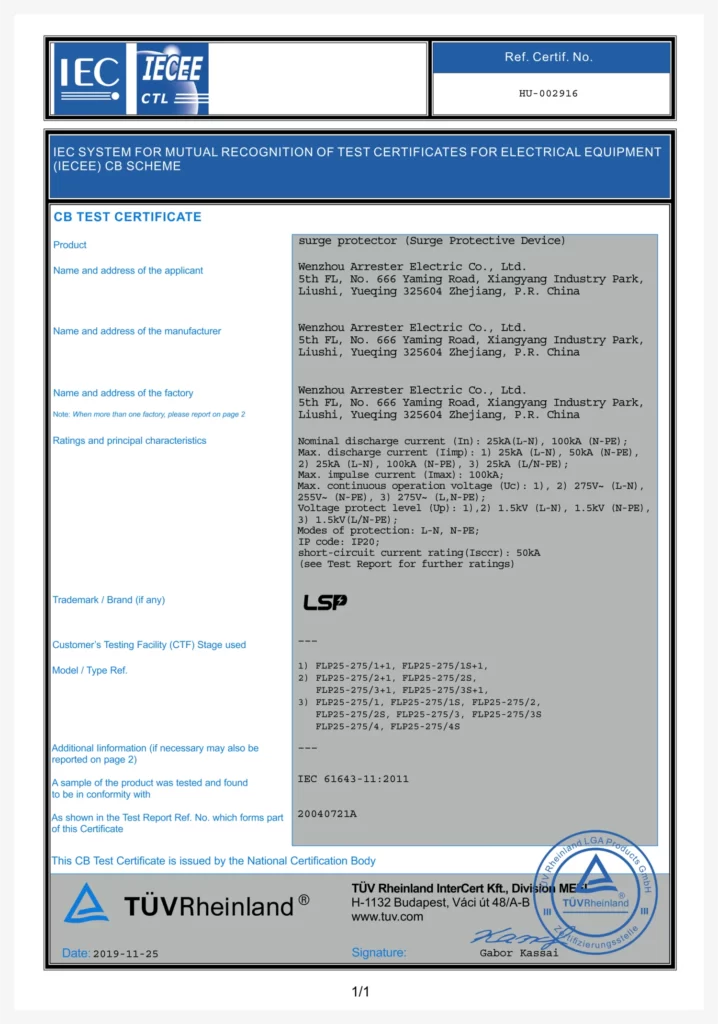 CB Certificate AC Surge Protective Device SPD Type 1 Type 2 FLP25-275