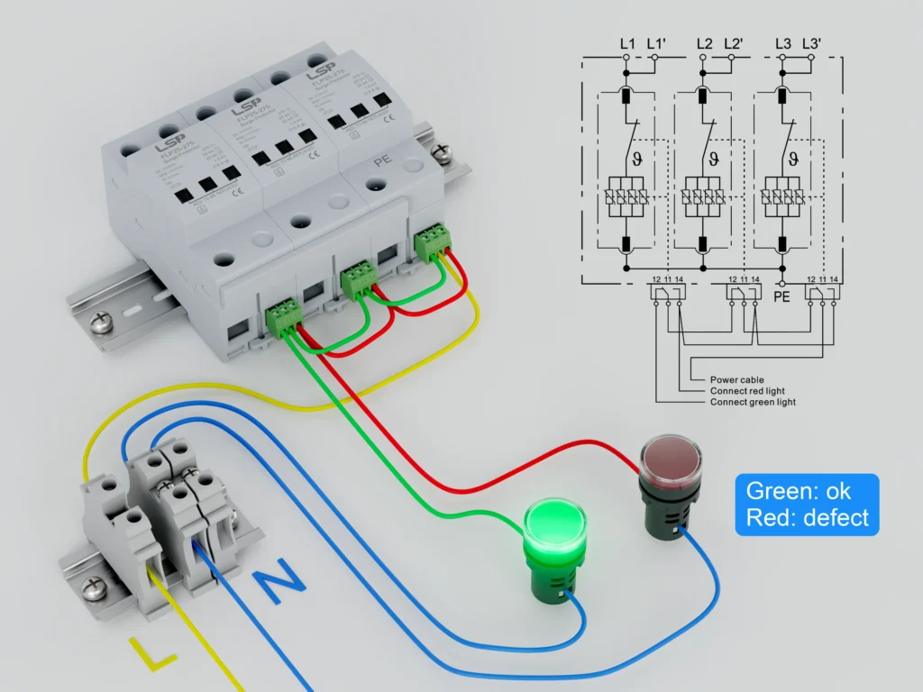 type 1 ac surge protective device spd flp25 275 3+0 installation guide, wiring diagram, floating switch, remote control, green and red light conntection img1