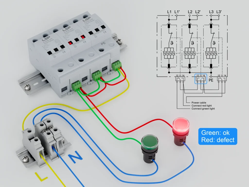 type 1 ac surge protective device spd flp25 275 3+0 installation guide, wiring diagram, floating switch, remote control, green and red light conntection img2